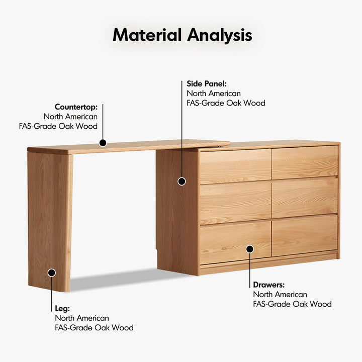 Scandinavian oak wood extendable dressing table with chest of drawers vista detail 12.