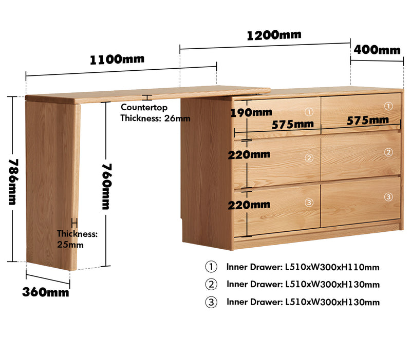 Scandinavian Oak Wood Extendable Dressing Table With Chest Of Drawers VISTA Size Chart_2