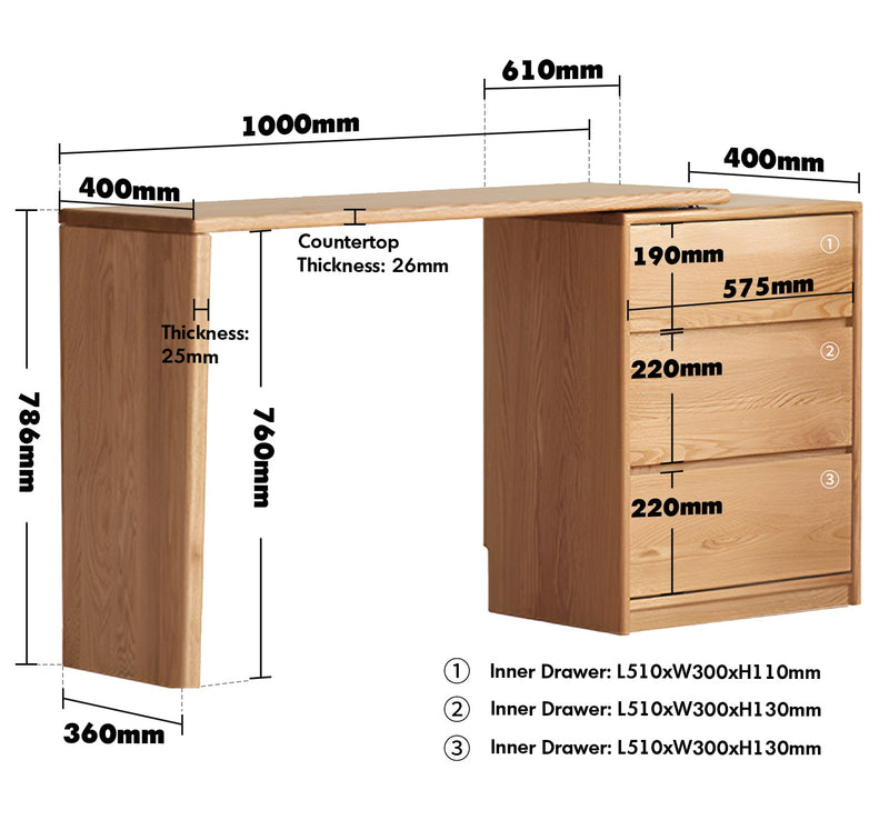 Scandinavian Oak Wood Extendable Dressing Table With Chest Of Drawers VISTA Size Chart