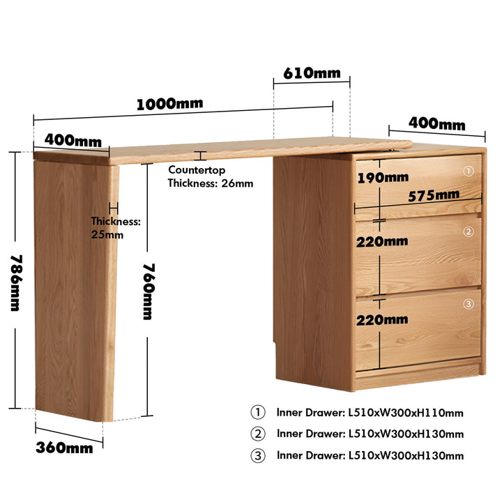 Scandinavian Oak Wood Extendable Dressing Table With Chest Of Drawers VISTA