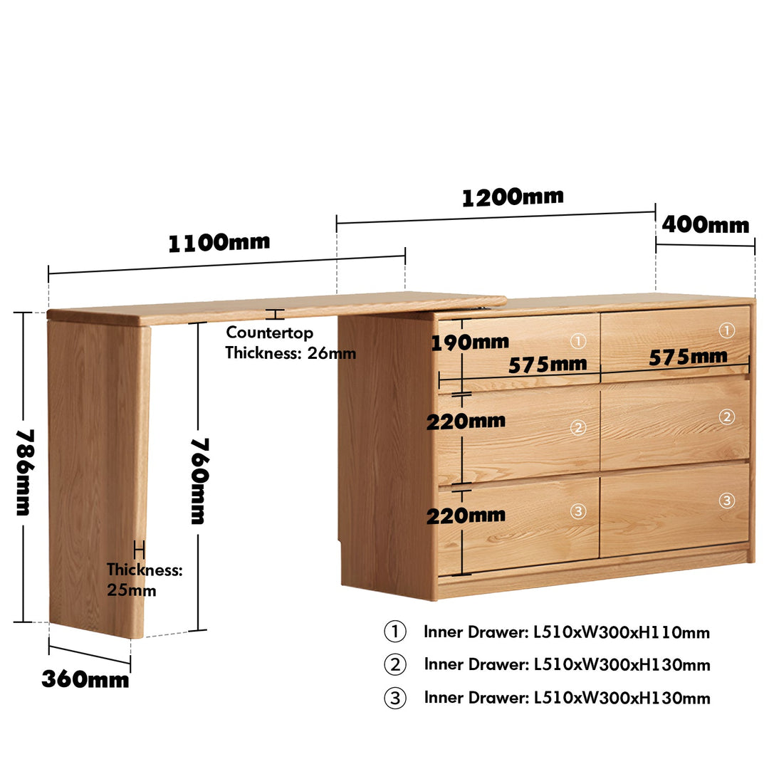 Scandinavian oak wood extendable dressing table with chest of drawers vista color swatches.