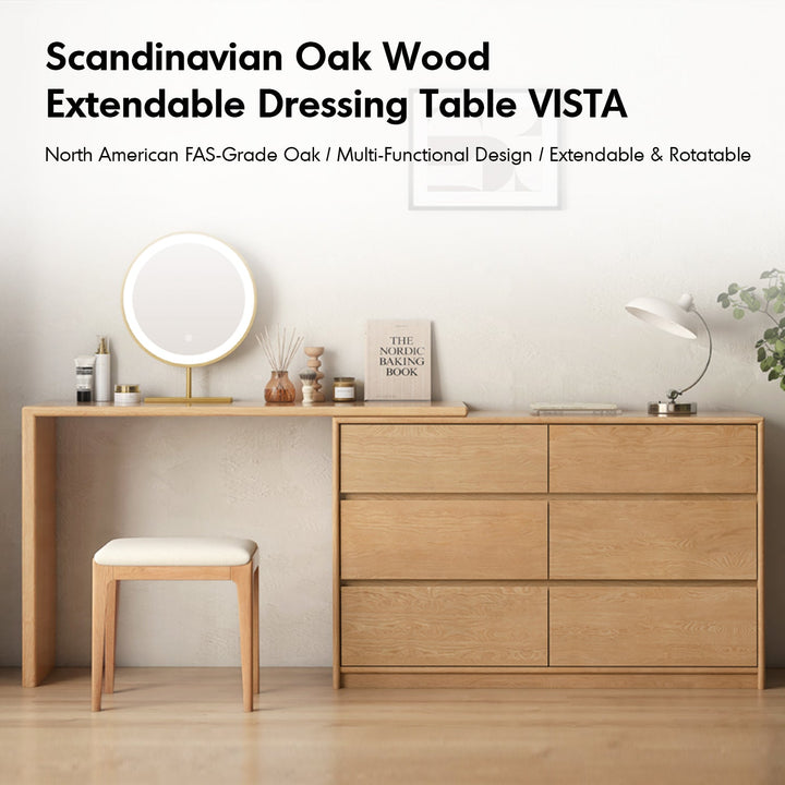 Scandinavian oak wood extendable dressing table with chest of drawers vista with context.