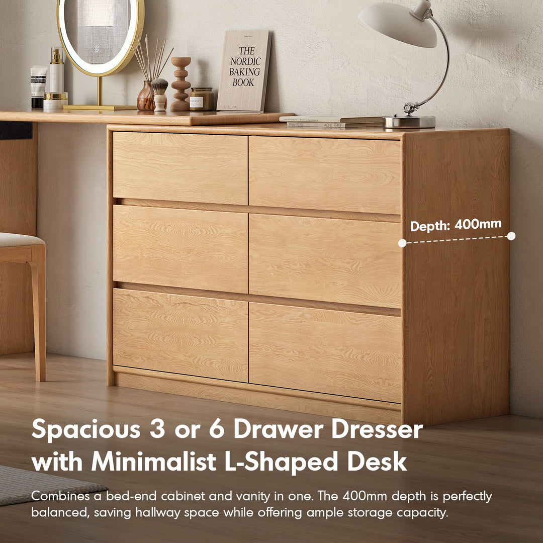 Scandinavian oak wood extendable dressing table with chest of drawers vista in details.