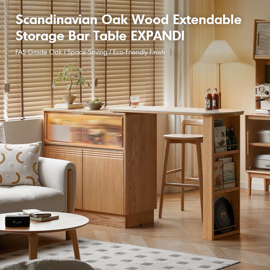 Scandinavian Oak Wood Extendable Storage Bar Table EXPANDI