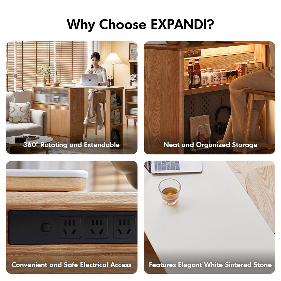 Scandinavian Oak Wood Extendable Storage Bar Table EXPANDI