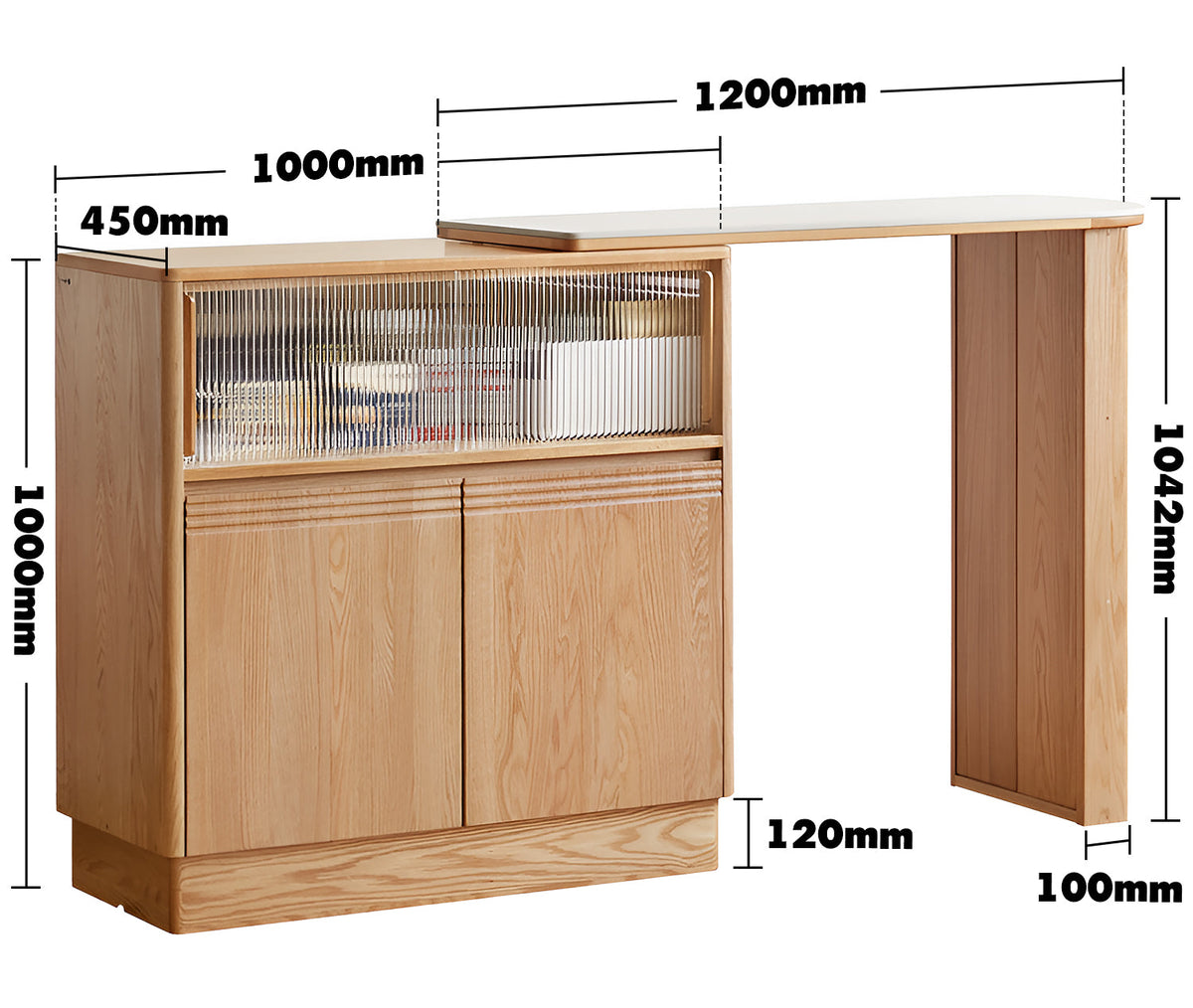 Scandinavian Oak Wood Extendable Storage Bar Table EXPANDI Size Chart