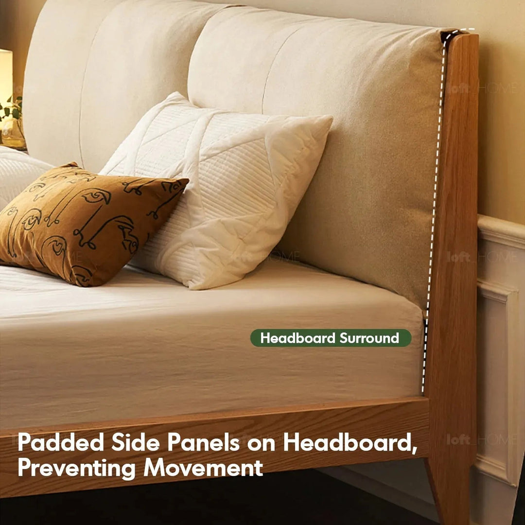 Scandinavian oak wood fabric bed rutland in close up details.