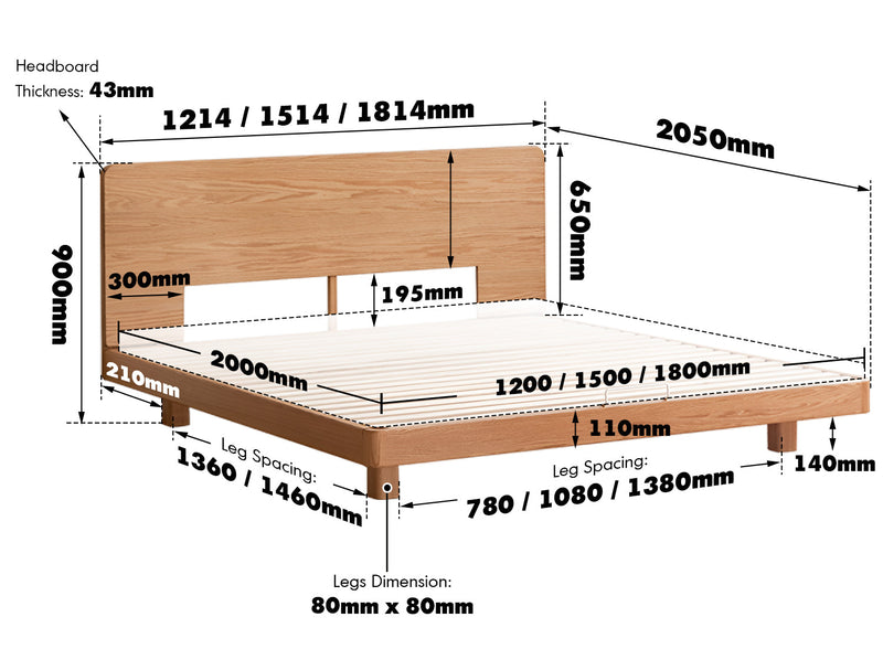 Scandinavian Oak Wood Floating Bed DRIFT Size Chart