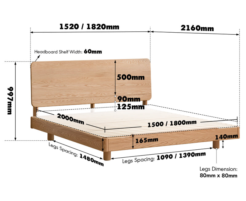 Scandinavian Oak Wood Floating Bed GLIDE Size Chart