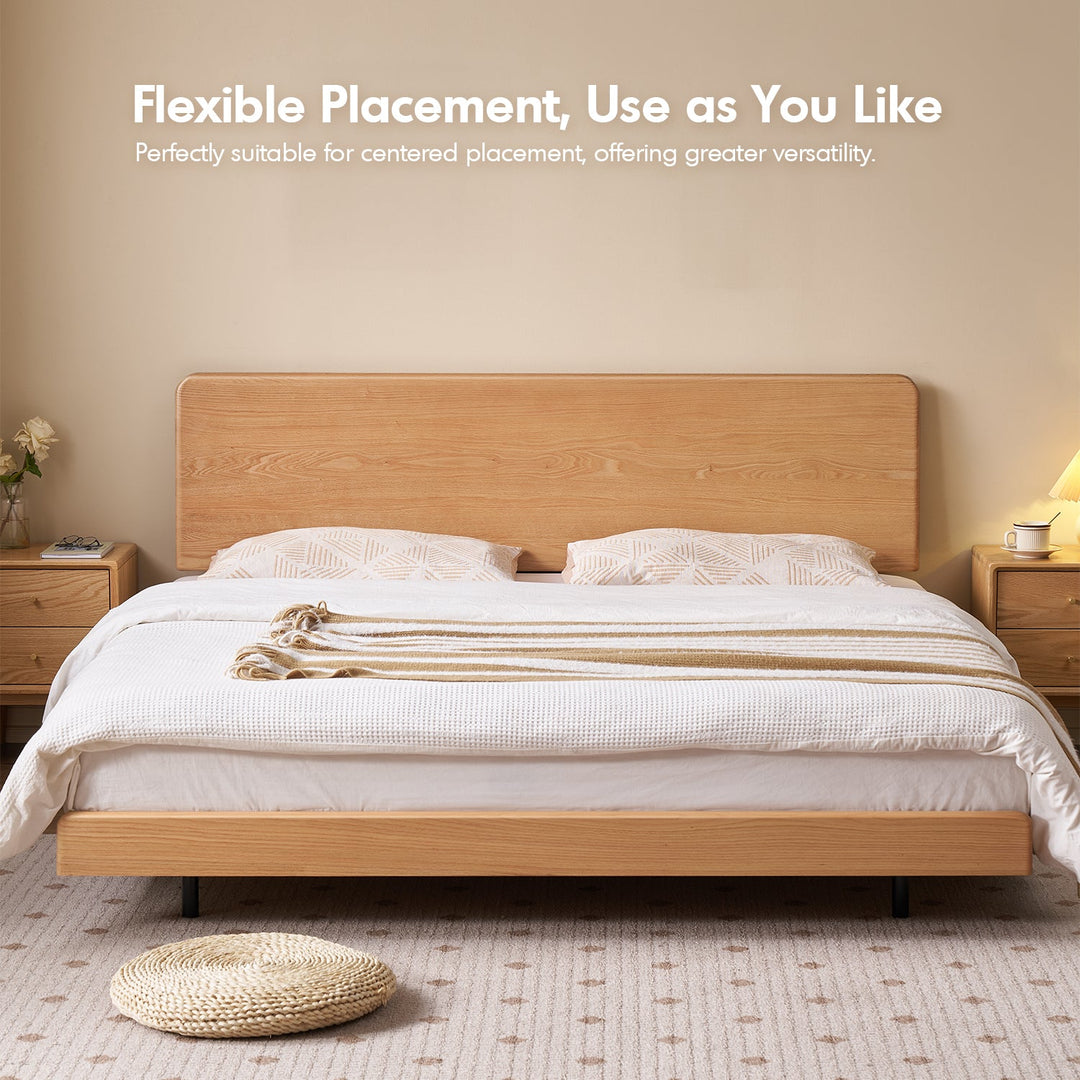 Scandinavian oak wood headboard adjustable floating bed nora in panoramic view.