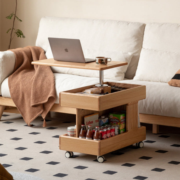 Scandinavian oak wood height adjustable side table lift detail 9.