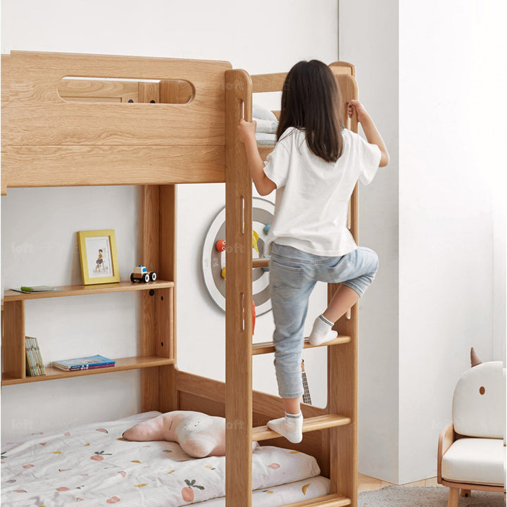 Scandinavian Oak Wood Kids Bunk Bed With Wall Shelf HIVE