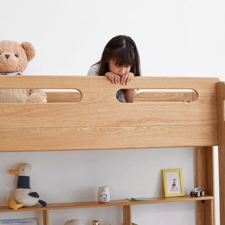 Scandinavian Oak Wood Kids Bunk Bed With Wall Shelf HIVE