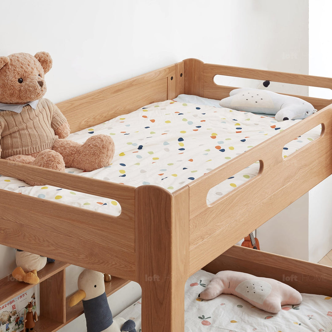 Scandinavian Oak Wood Kids Bunk Bed With Wall Shelf HIVE