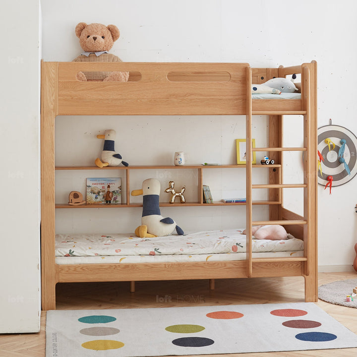 Scandinavian Oak Wood Kids Bunk Bed With Wall Shelf HIVE