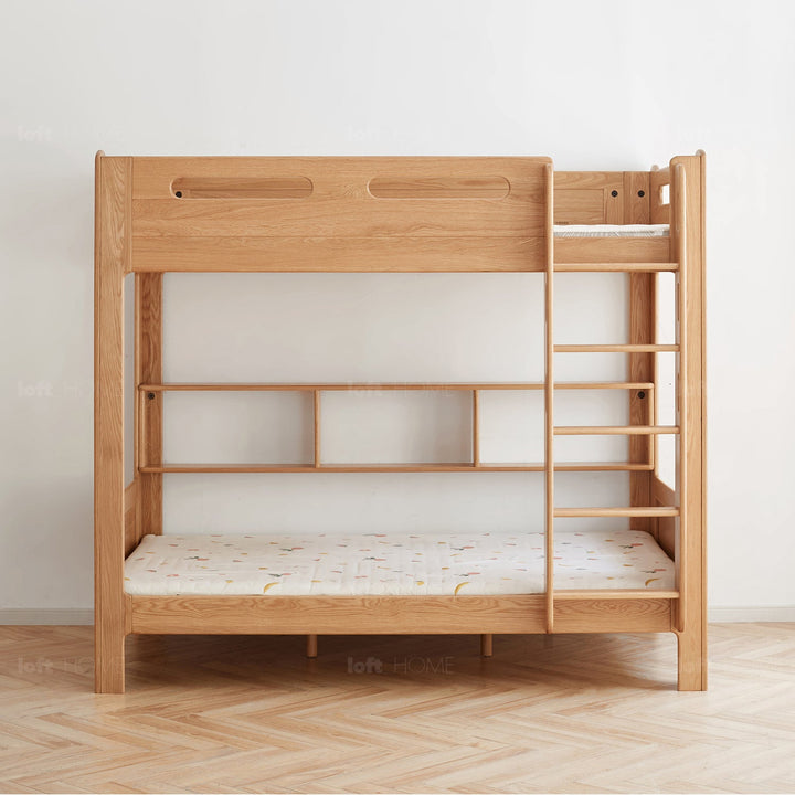 Scandinavian Oak Wood Kids Bunk Bed With Wall Shelf HIVE