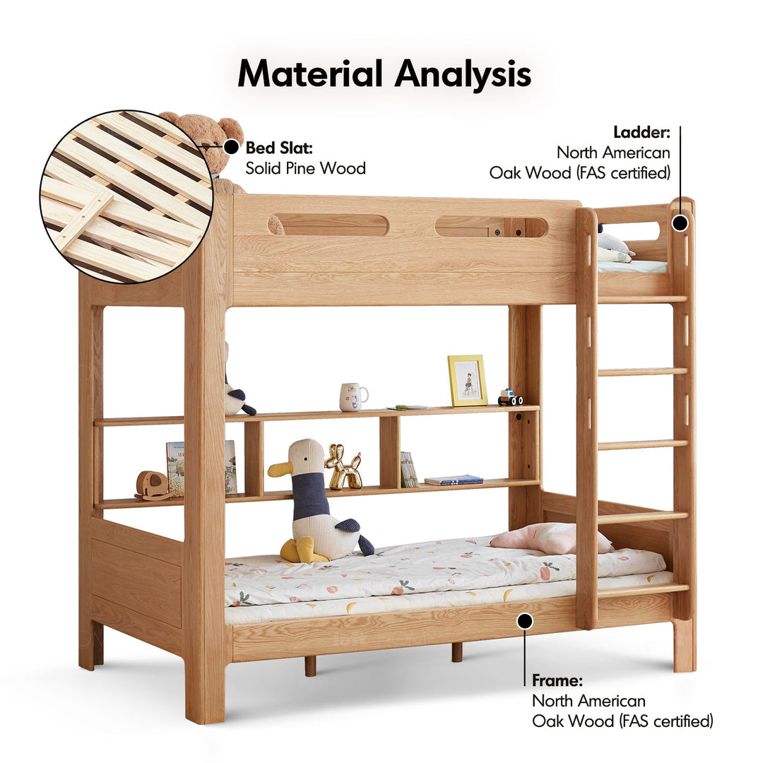 Scandinavian Oak Wood Kids Bunk Bed With Wall Shelf HIVE