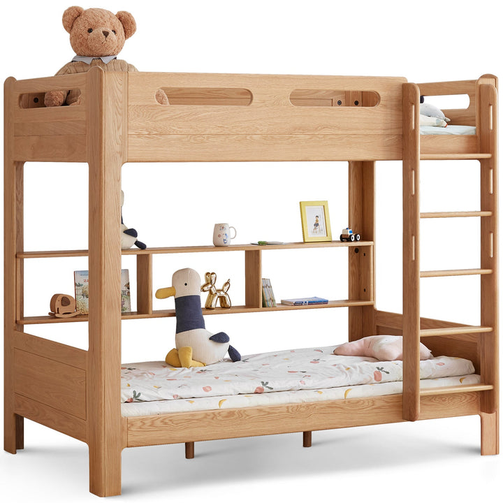 Scandinavian Oak Wood Kids Bunk Bed With Wall Shelf HIVE