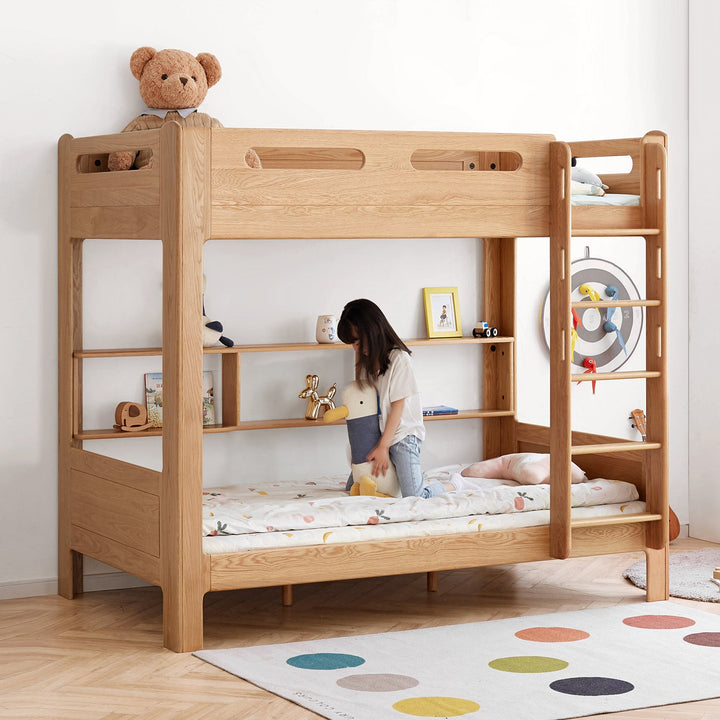 Scandinavian Oak Wood Kids Bunk Bed With Wall Shelf HIVE