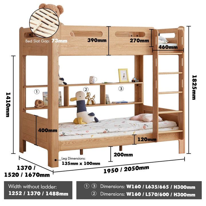 Scandinavian Oak Wood Kids Bunk Bed With Wall Shelf HIVE