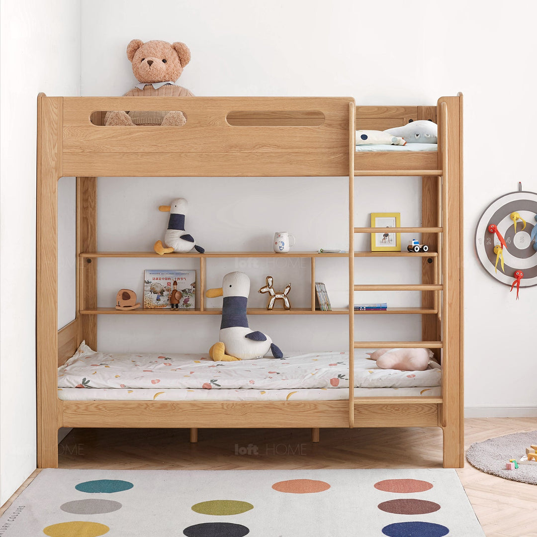 Scandinavian Oak Wood Kids Bunk Bed With Wall Shelf HIVE
