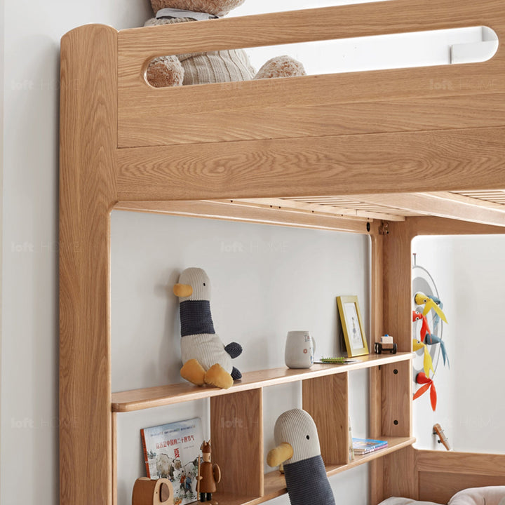 Scandinavian Oak Wood Kids Bunk Bed With Wall Shelf HIVE