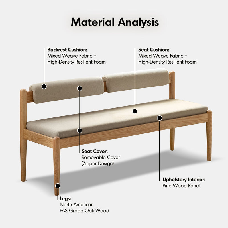Scandinavian Oak Wood Mixed Weave Fabric Dining Bench PILLAR Material Details Chart