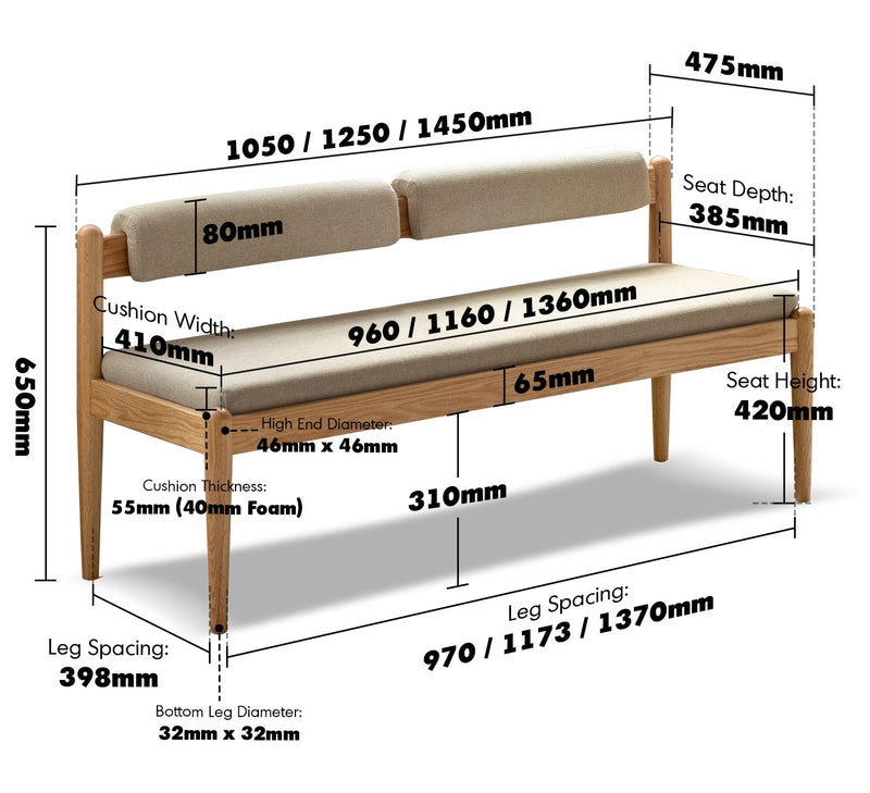 Scandinavian Oak Wood Mixed Weave Fabric Dining Bench PILLAR Size Chart