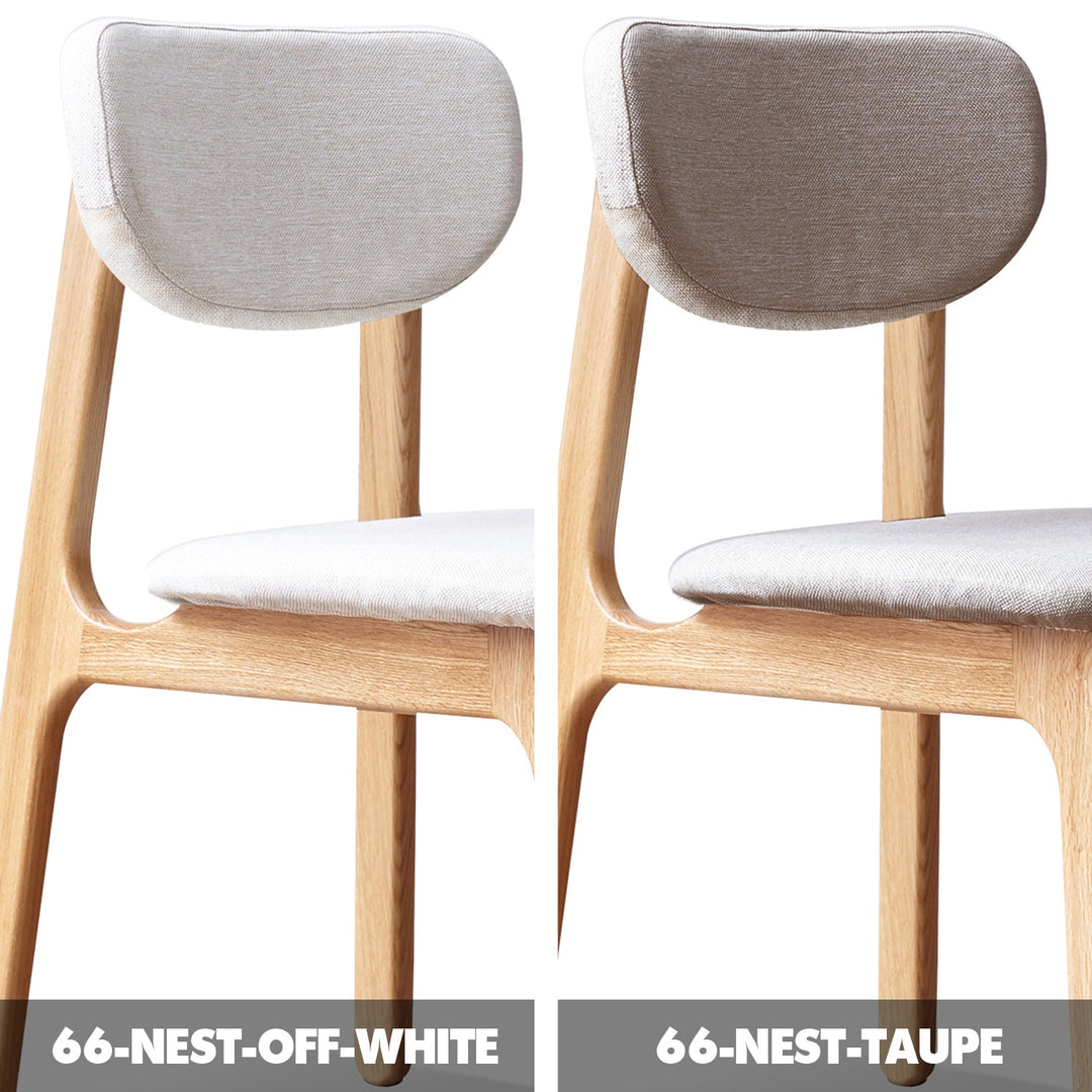 Scandinavian oak wood mixed weave fabric cover removable dining chair nest color swatches.