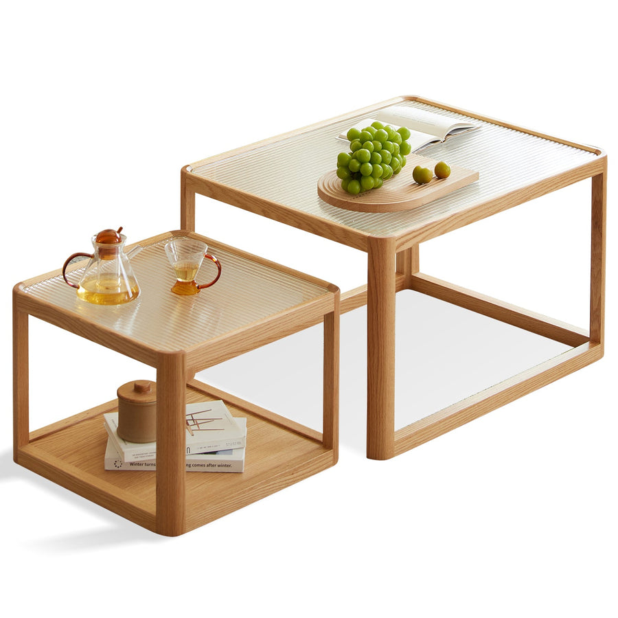Scandinavian Oak Wood Moru Glass Coffee Table Set GLINT