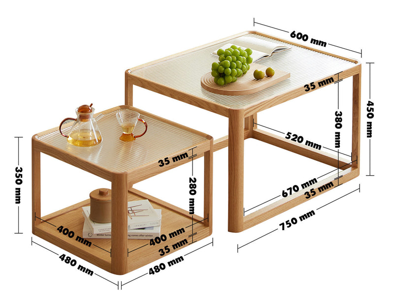 Scandinavian Oak Wood Moru Glass Coffee Table Set GLINT Size Chart