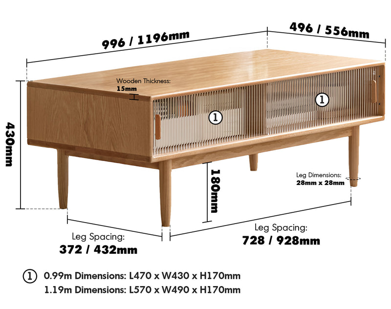 Scandinavian Oak Wood Moru Glass Coffee Table VISTA Size Chart