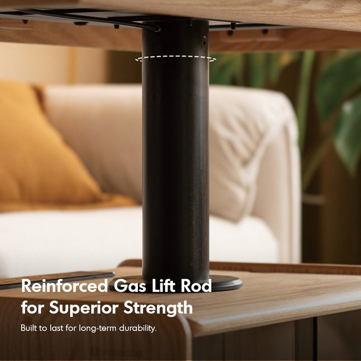 Scandinavian oak wood tempered glass height adjustable coffee table lift in panoramic view.