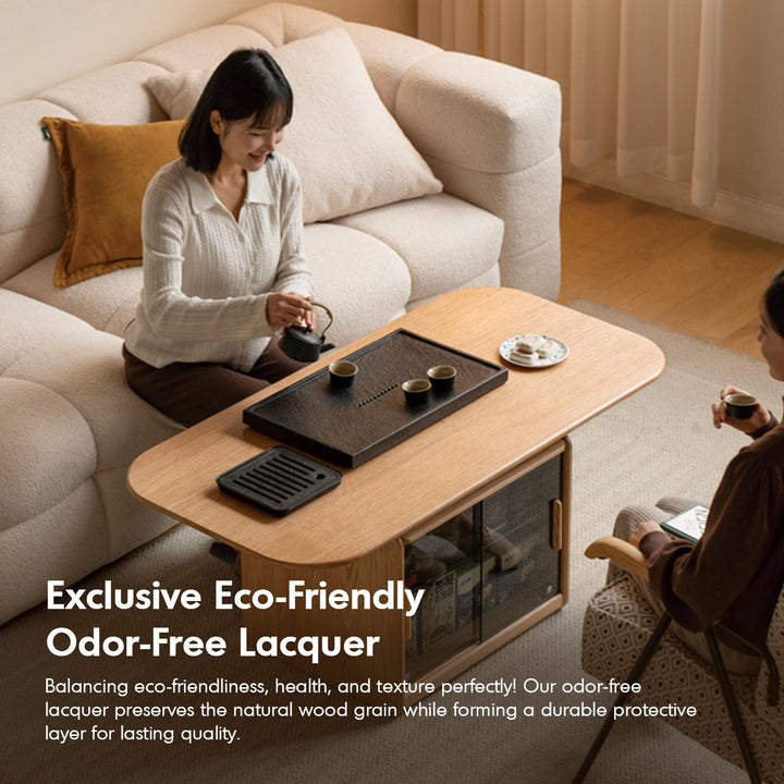Scandinavian oak wood tempered glass height adjustable coffee table lift detail 2.