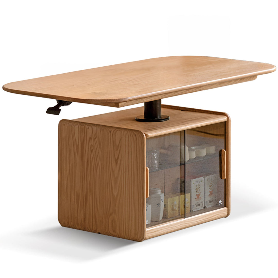 Scandinavian oak wood tempered glass height adjustable coffee table lift in white background.