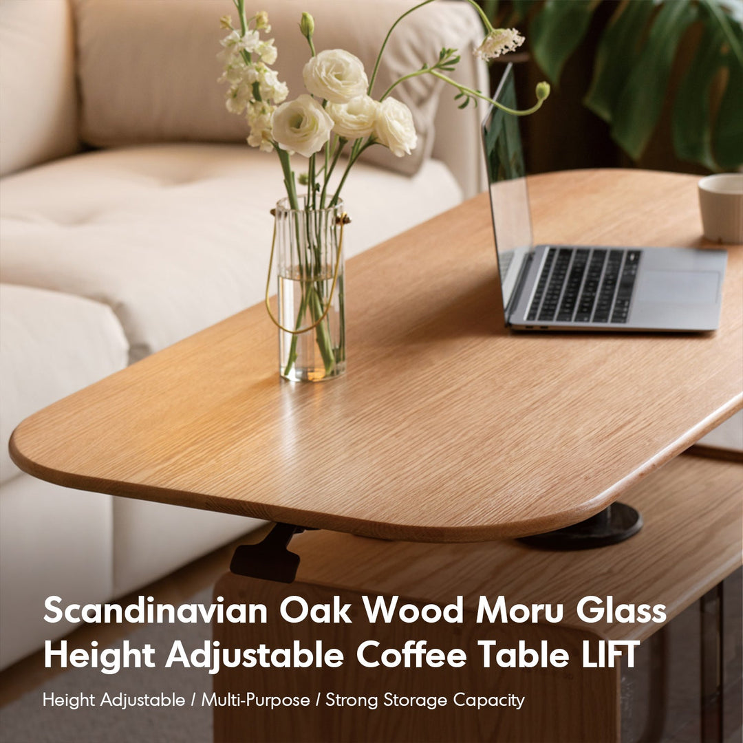 Scandinavian oak wood tempered glass height adjustable coffee table lift with context.