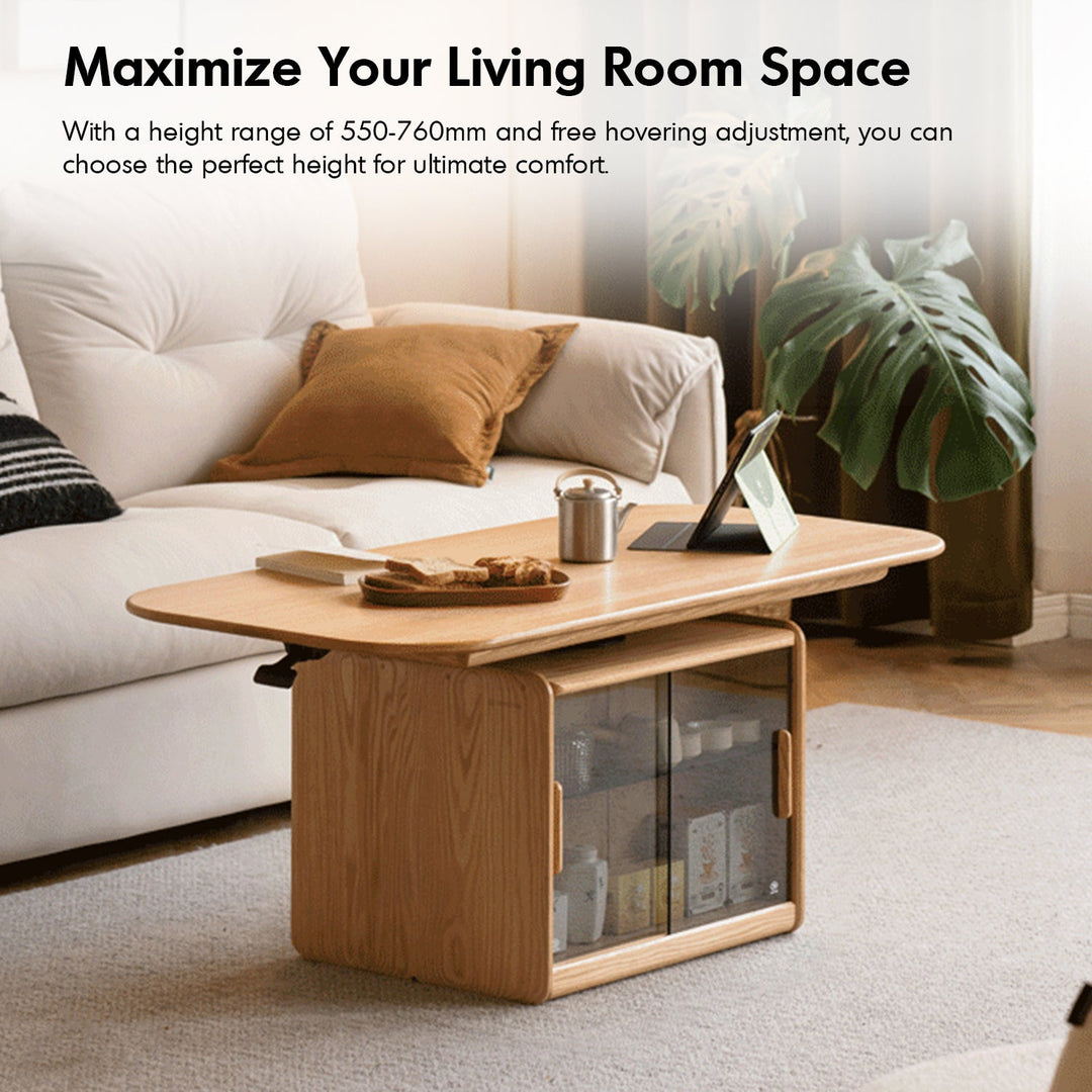 Scandinavian Oak Wood Tempered Glass Height Adjustable Coffee Table LIFT