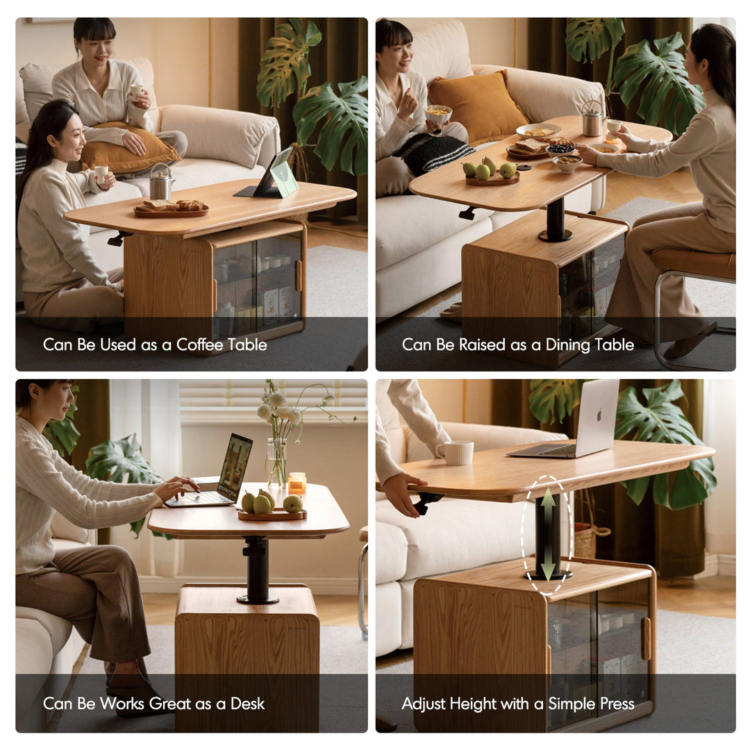 Scandinavian Oak Wood Tempered Glass Height Adjustable Coffee Table LIFT