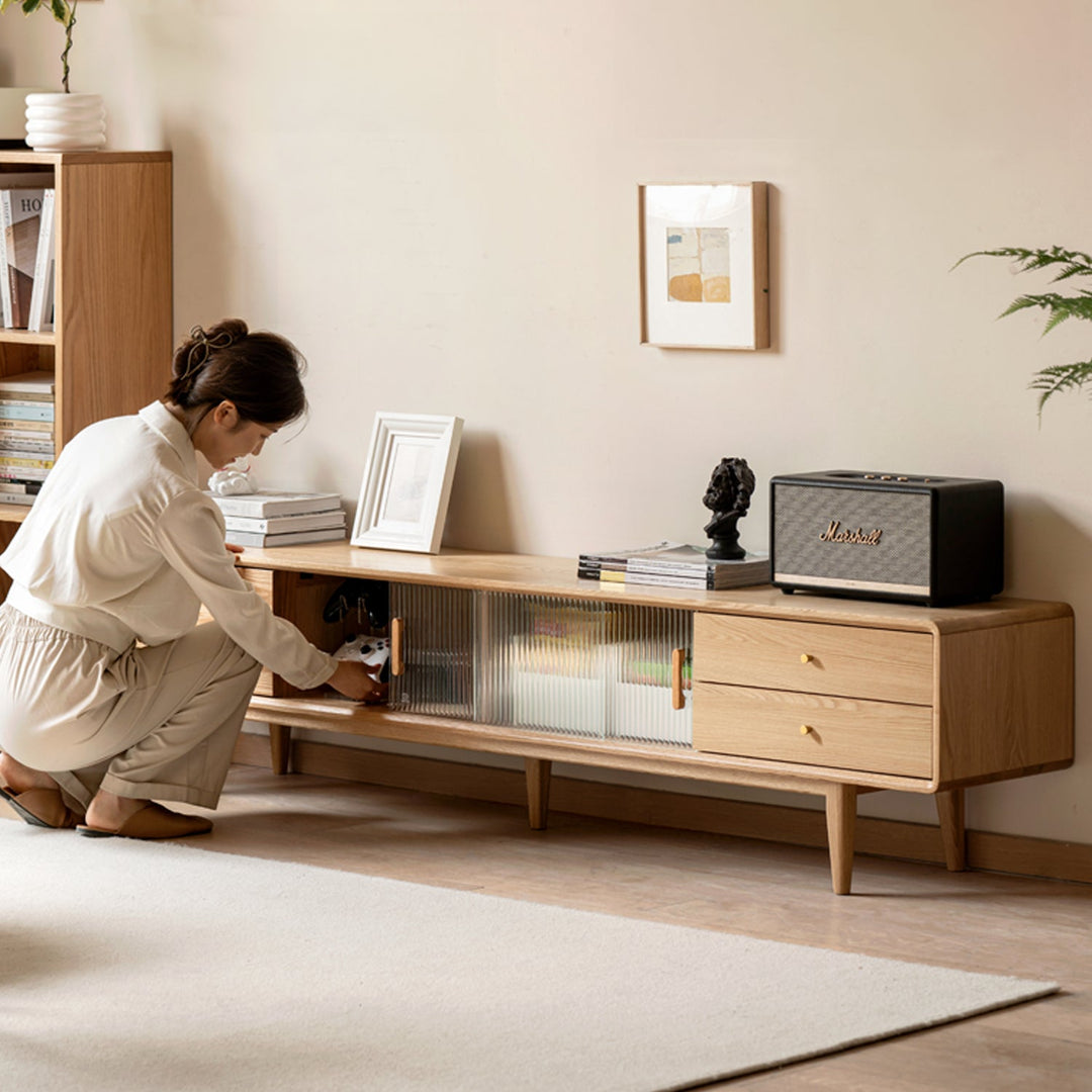 Scandinavian Oak Wood Moru Glass TV Console VISTA