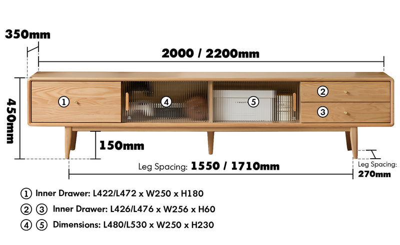 Scandinavian Oak Wood Moru Glass TV Console VISTA Size Chart_2
