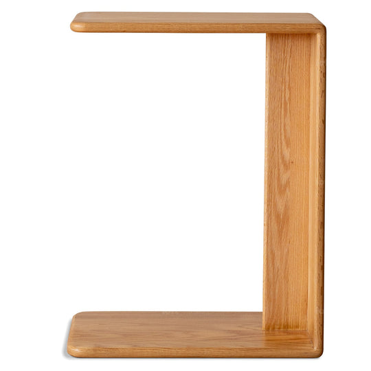 Scandinavian oak wood multi functional side table cshape in white background.