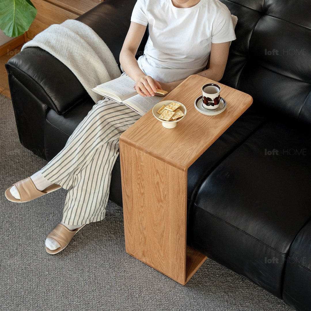Scandinavian oak wood multi functional side table cshape with context.