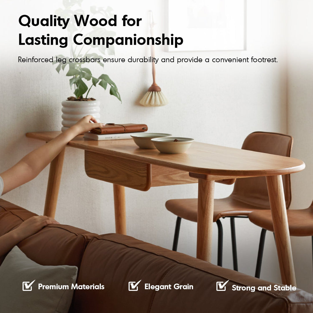 Scandinavian oak wood oval bar table arc detail 5.