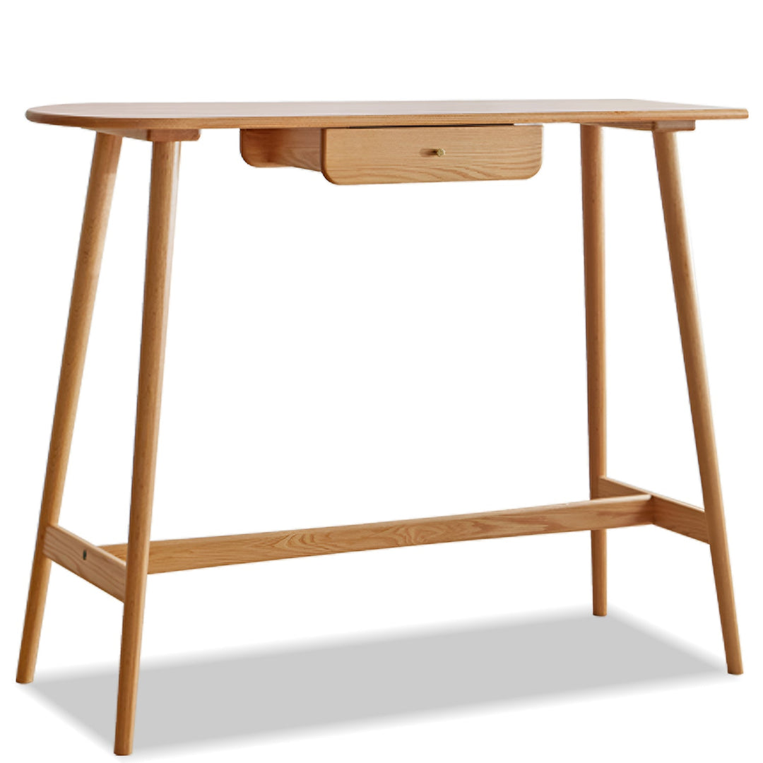 Scandinavian oak wood oval bar table arc in white background.