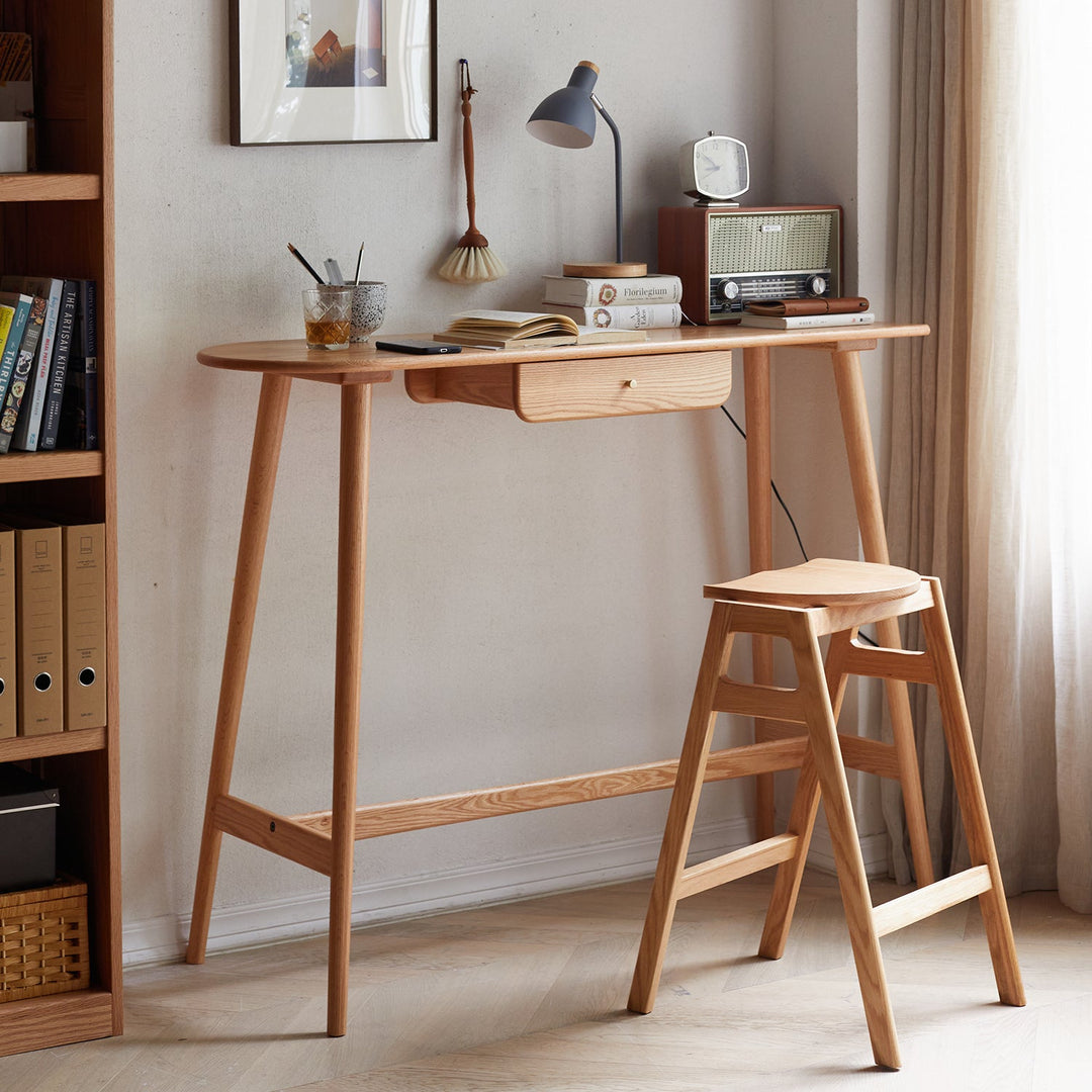Scandinavian oak wood oval bar table arc detail 10.