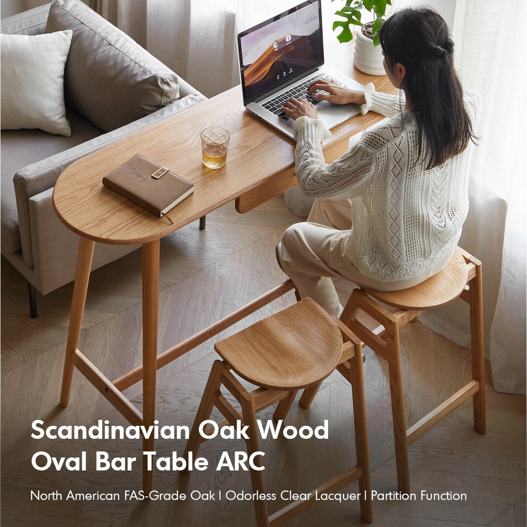 Scandinavian oak wood oval bar table arc in real life style.