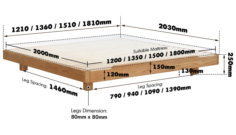 Scandinavian Oak Wood Platform Bed EDEN Size Chart