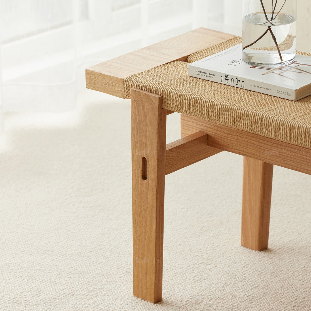Scandinavian oak wood woven rope dining bench ora in still life.