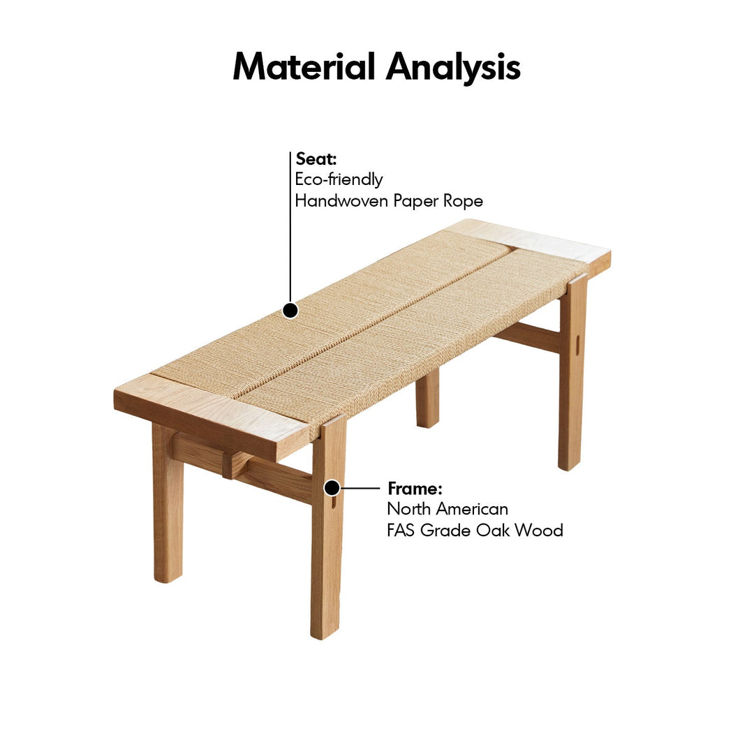 Scandinavian oak wood woven rope dining bench ora layered structure.