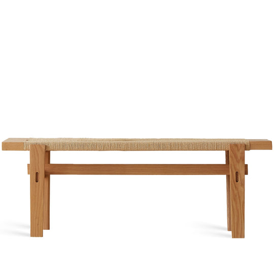 Scandinavian oak wood woven rope dining bench ora in white background.